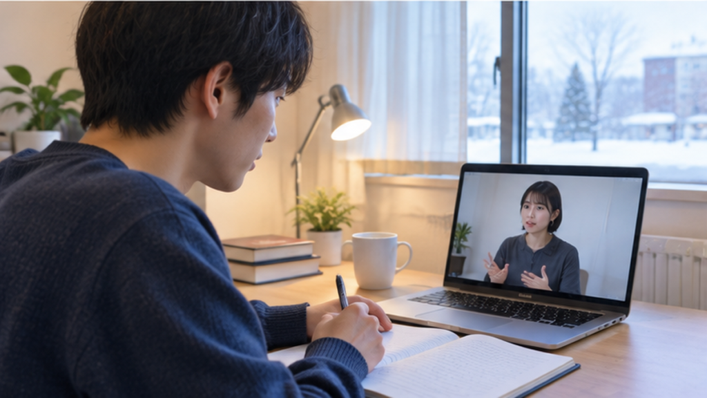 声優養成所の課題を自宅で復習しオンライン指導を受ける日本人男性