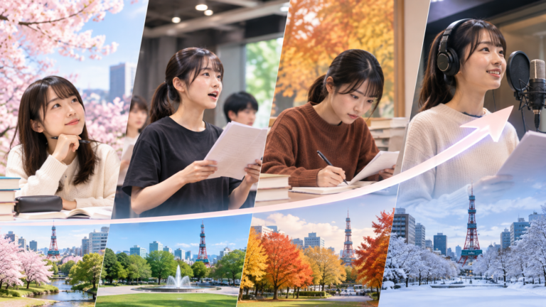 春夏秋冬の移り変わりとともに声優養成所で学び成長する日本人女性