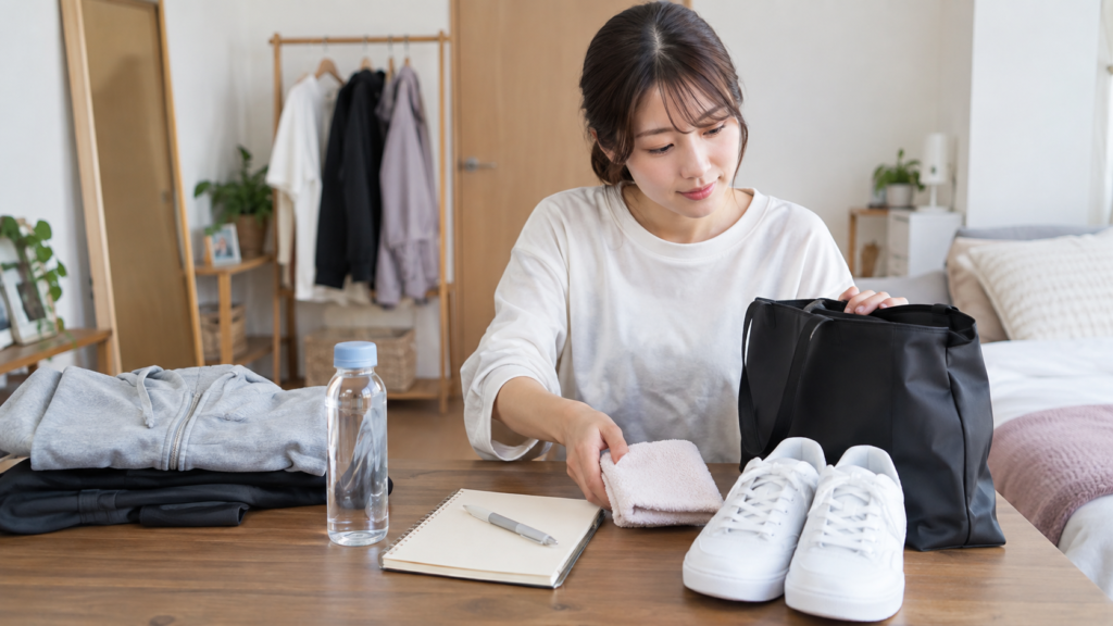 声優養成所の体験レッスンに向けて服装や持ち物を準備する日本人女性