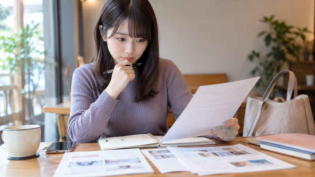 声優養成所の体験レッスン後に資料とメモを確認する日本人女性